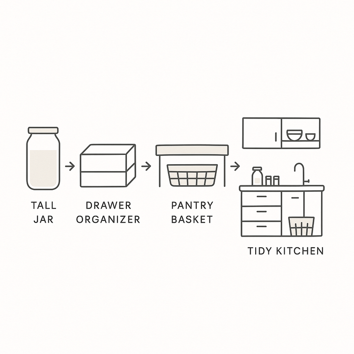 Diagram showing tall jar, drawer organiser, and pantry basket leading to tidy kitchen; highlights how to maximise storage in small kitchens.