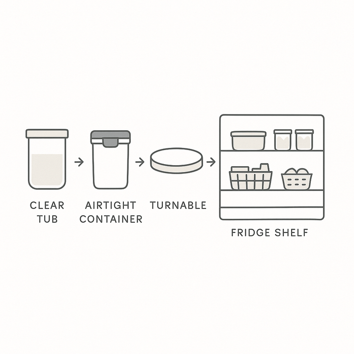 Diagram of fridge storage tips showing clear tub, airtight container, turntable, and fridge shelf for home organisation in Australia.