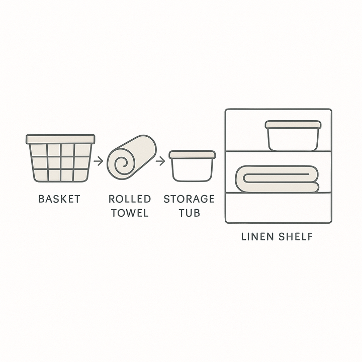 Diagram illustrating linen cupboard organisation made simple with baskets and storage tubs, focusing on home organisation and storage tips.