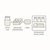 Illustration of creative ways to store herbs & spices with jars, racks, and labels using home organisation tips in Australia.