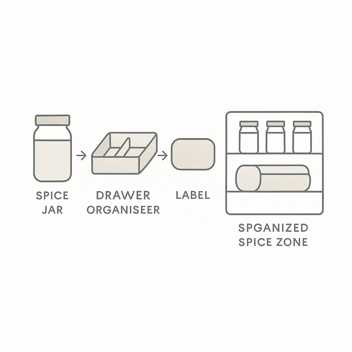 Illustration of creative ways to store herbs & spices with jars, racks, and labels using home organisation tips in Australia.