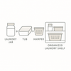 Diagram of stylish laundry storage solutions including jar, tub, hamper on an organised shelf. Home organisation and storage tips in Australia.