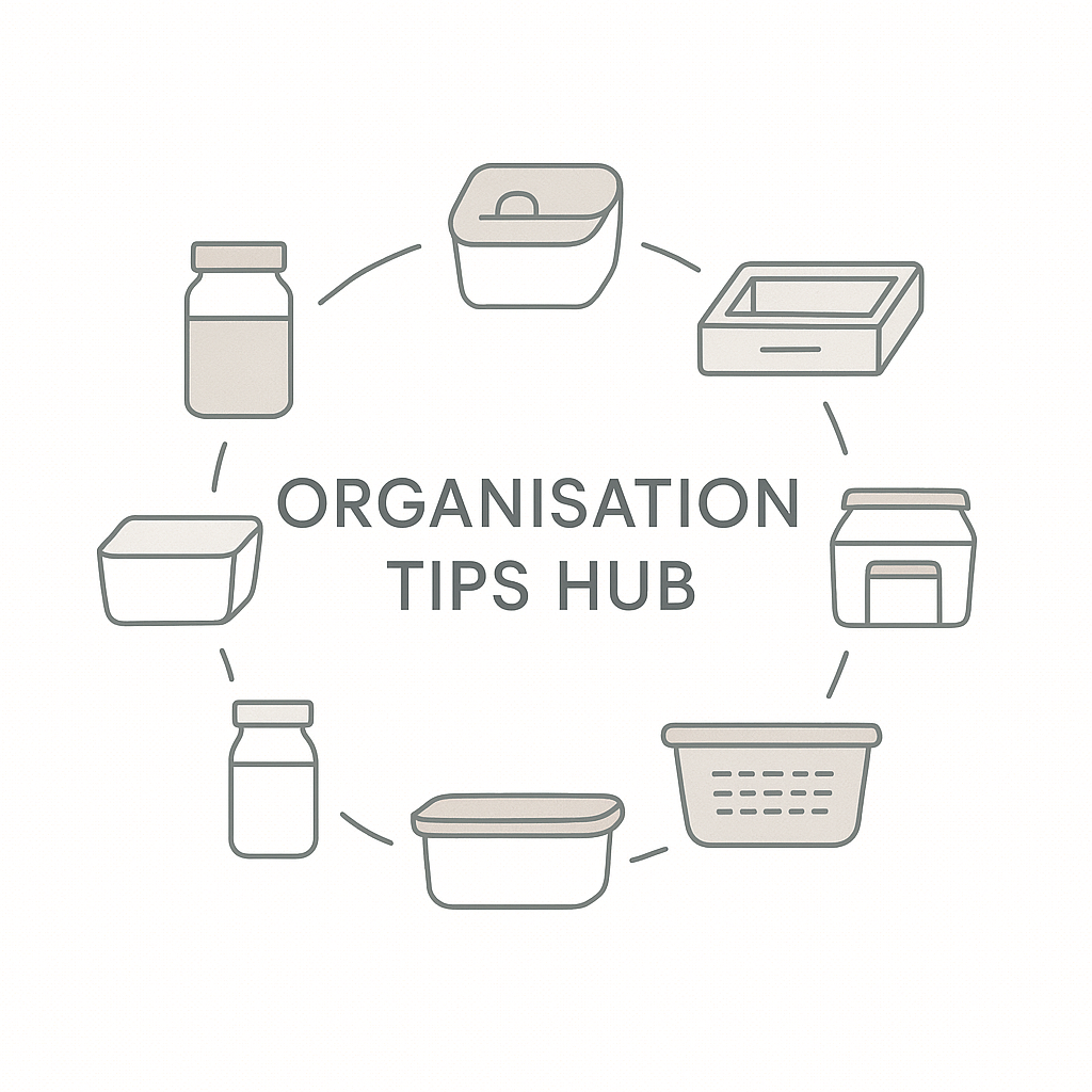 Organisation Tips & Storage Ideas for Every Room with storage tips icons like jars and bins in Australia.