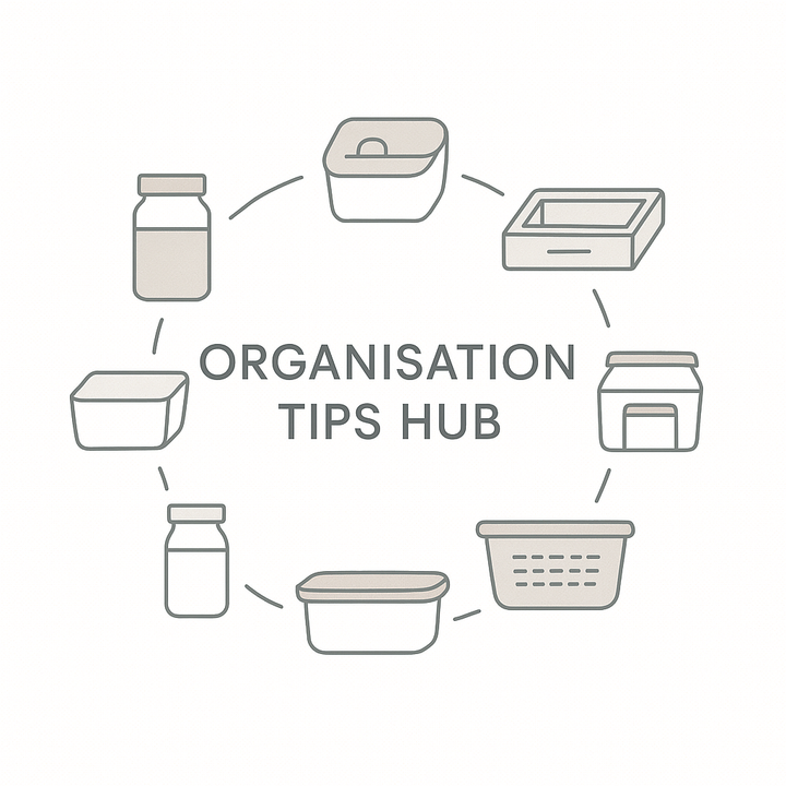 Organisation Tips & Storage Ideas for Every Room with storage tips icons like jars and bins in Australia.