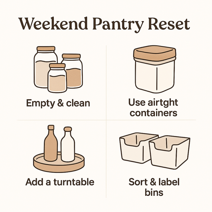Alt Tag: Weekend Pantry Reset: 7 Quick Wins with home organisation tips like using bamboo jars, adding turntables, and sorting bins.