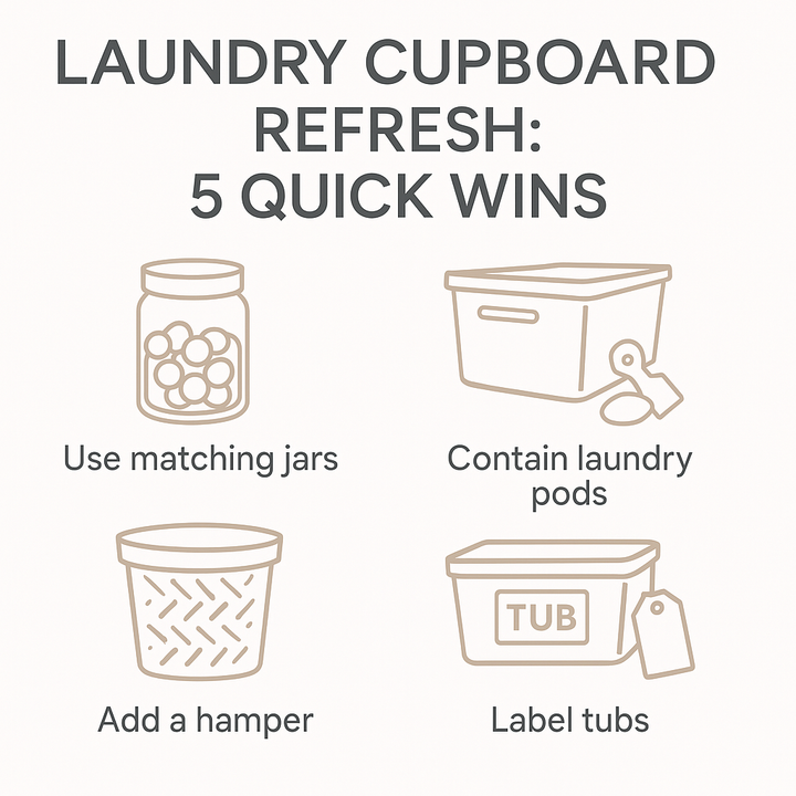 Illustration showing Laundry Cupboard Refresh: 5 Quick Wins with matching jars, laundry pods, hamper, labelled tubs; home organisation tips.