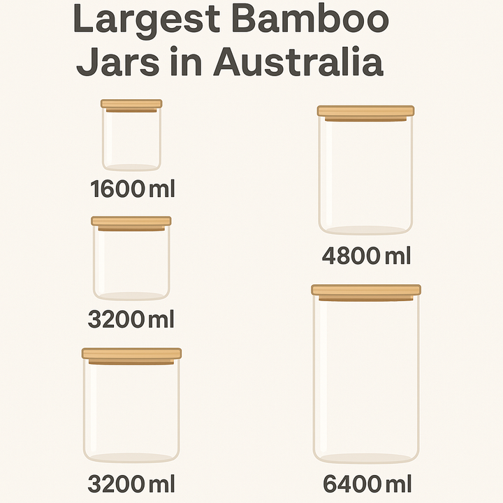 Australia’s Largest Bamboo Pantry Jars — Up to 6.4L size chart for home organisation and sustainable pantry storage.