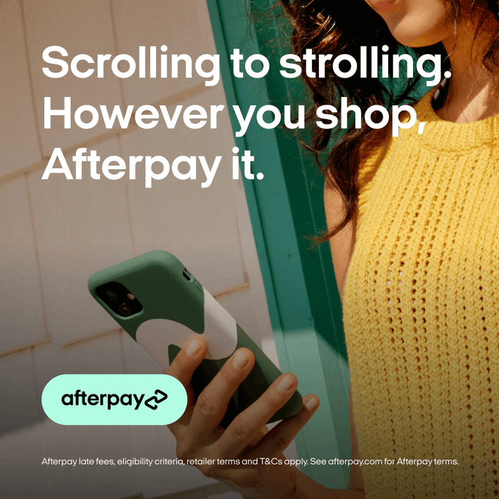 Person using phone for Afterpay shopping with text overlay