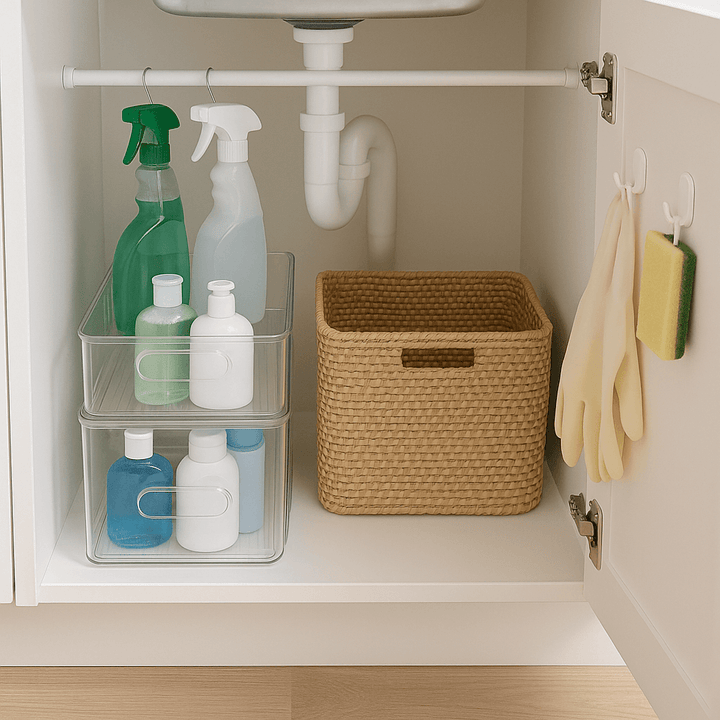Under-sink storage with cleaning supplies, storage baskets, and hooks for home organisation.
