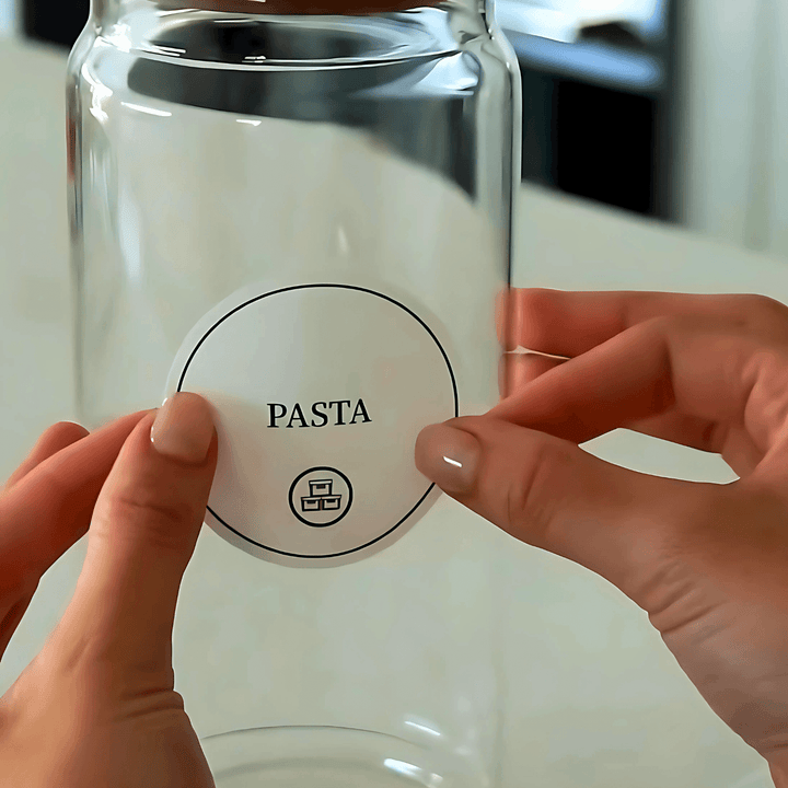 Applying a pasta label to a pantry storage jar for home organisation.