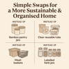 Infographic showing simple swaps for sustainable home organisation with pantry jars and baskets.
