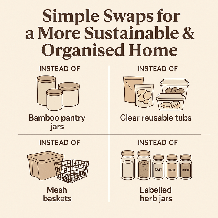 Infographic showing simple swaps for sustainable home organisation with pantry jars and baskets.