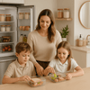 Family organizing meals using pantry storage and fridge organisers in kitchen