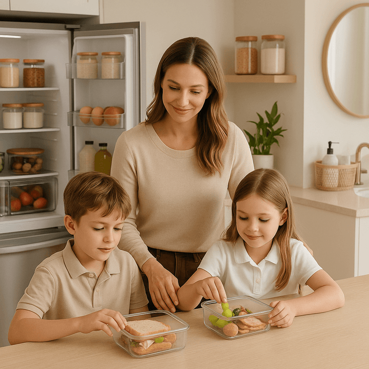 Family organizing meals using pantry storage and fridge organisers in kitchen