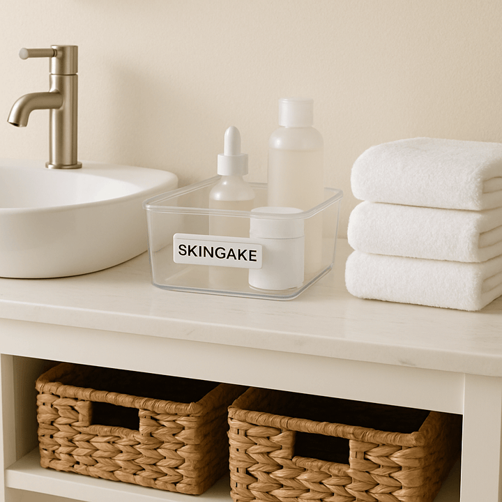 Clear skincare organiser on bathroom counter with towels and woven baskets, promoting home organisation.