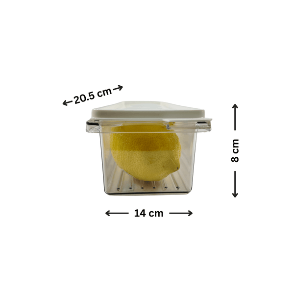Transparent fridge storage container with lid, containing a lemon, 20.5x14x8 cm, space-saving.