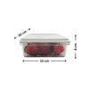 Space-saving fridge container holding strawberries, 30x10x8 cm, ideal for kitchen organization.
