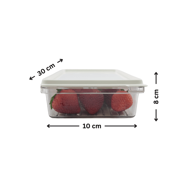 Space-saving fridge container holding strawberries, 30x10x8 cm, ideal for kitchen organization.