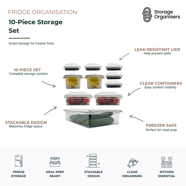 10-piece fridge and freezer storage set with stackable clear containers and leak-resistant lids for food storage, meal prep, and refrigerator organisation