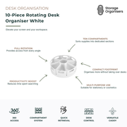 White 10-piece rotating desk organiser with 360-degree swivel base and multiple storage compartments for stationery, office supplies and cosmetics. Circular desktop organiser provides quick access from every angle while keeping pens, markers, scissors, makeup brushes and small accessories neatly sorted. Compact space-saving design features ten dedicated compartments to improve organisation, reduce clutter and increase productivity in home offices, study areas, workstations and vanity tables.