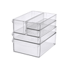 Clear stackable storage tubs for fridge, pantry jars, kitchen organiser, space-saving design