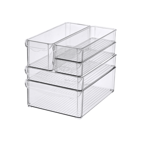 Stackable clear medium fridge storage tub for pantry organization and space-saving.