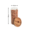 Round glass storage jar with acacia lid, filled with beans, ideal for kitchen or pantry organisation, 19cm x 9cm dimensions.
