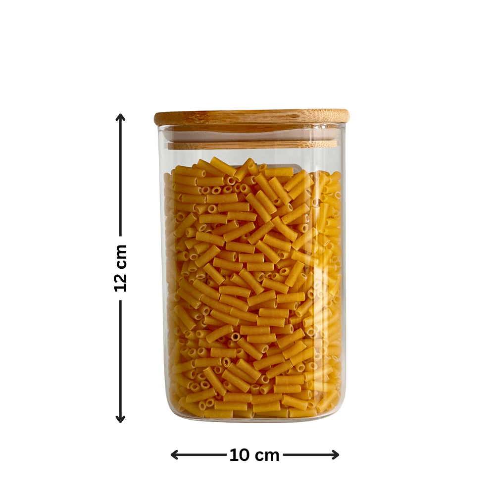 Square Bamboo Glass Pantry Jar Set – 5 Stackable Sizes, perfect for pantry organisation, shown storing pasta.
