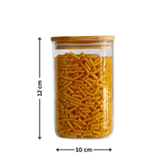 Square Bamboo Glass Pantry Jar Set – 5 Stackable Sizes, perfect for pantry organisation, shown storing pasta.