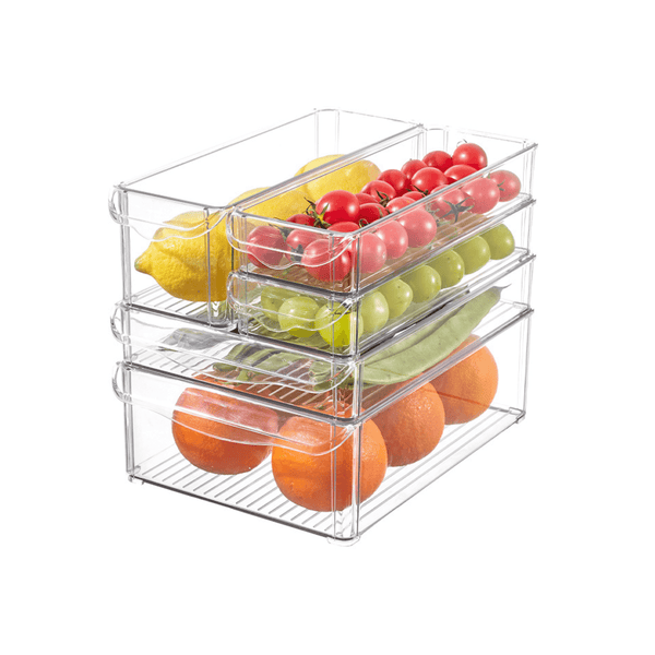 Clear stackable fridge storage tubs with fruits, ideal space-saving kitchen organizer.