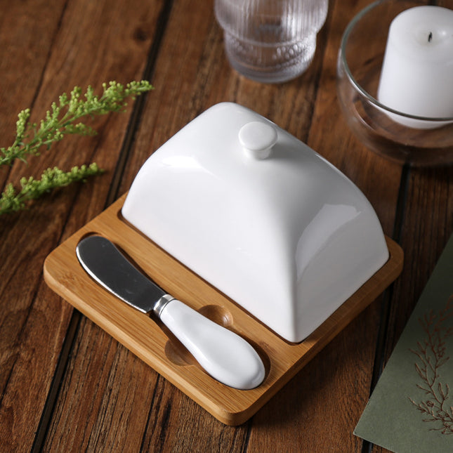Ceramic Butter Dish with Bamboo Base for stylish kitchen organisation, ideal for storing butter in modern kitchens.