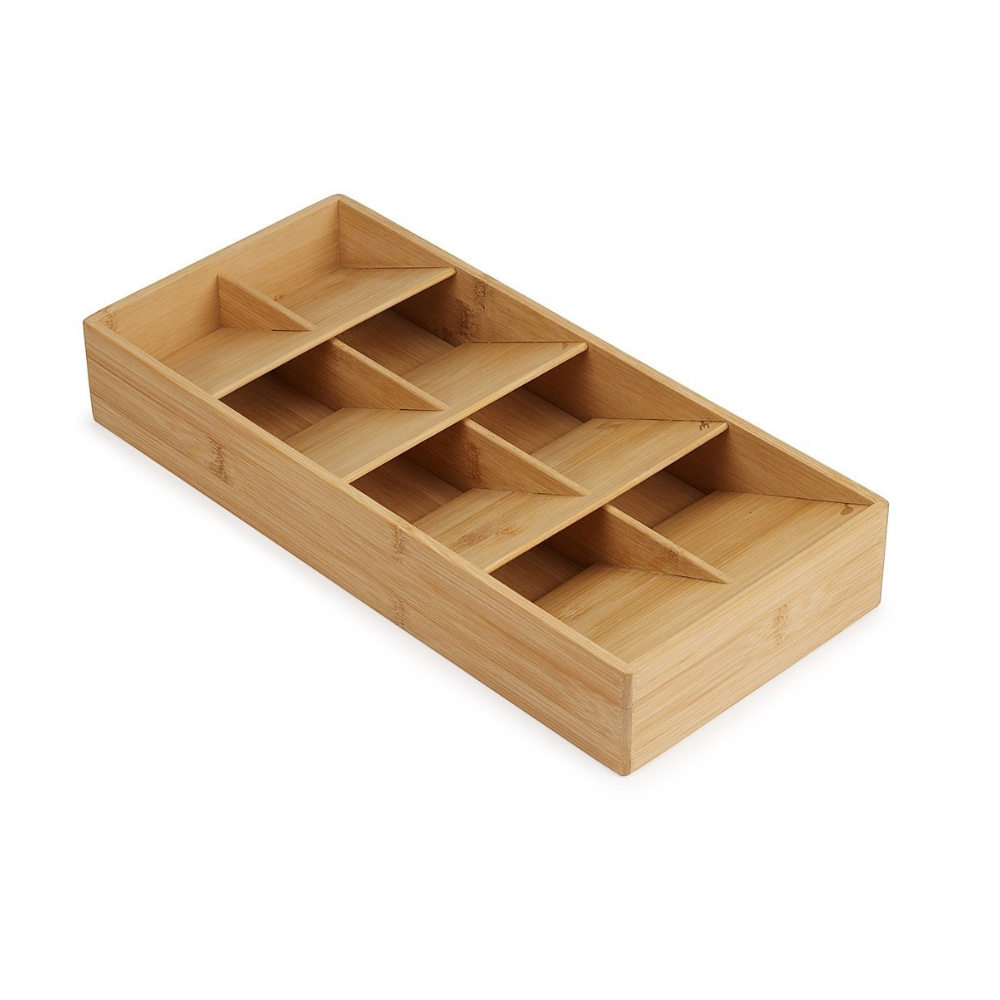 Bamboo Compact Cutlery Organiser ideal for kitchen drawer storage, enhancing kitchen organisation with natural look and functionality.