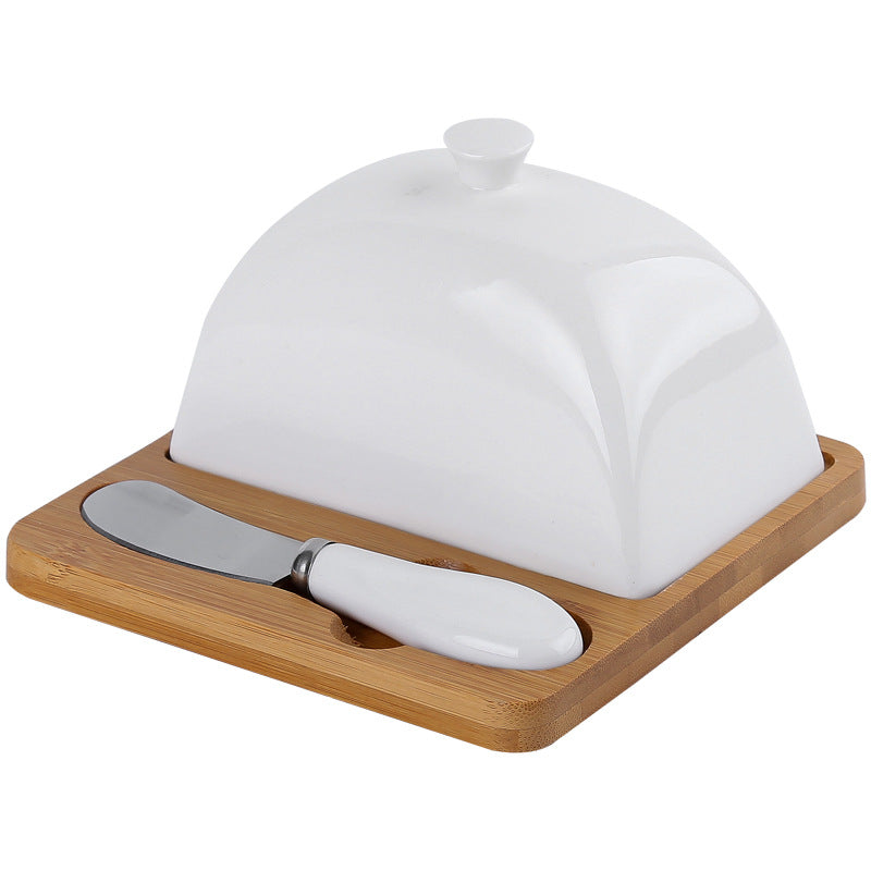 Ceramic Butter Dish with Bamboo Base perfect for kitchen organisation and keeping butter fresh in style.
