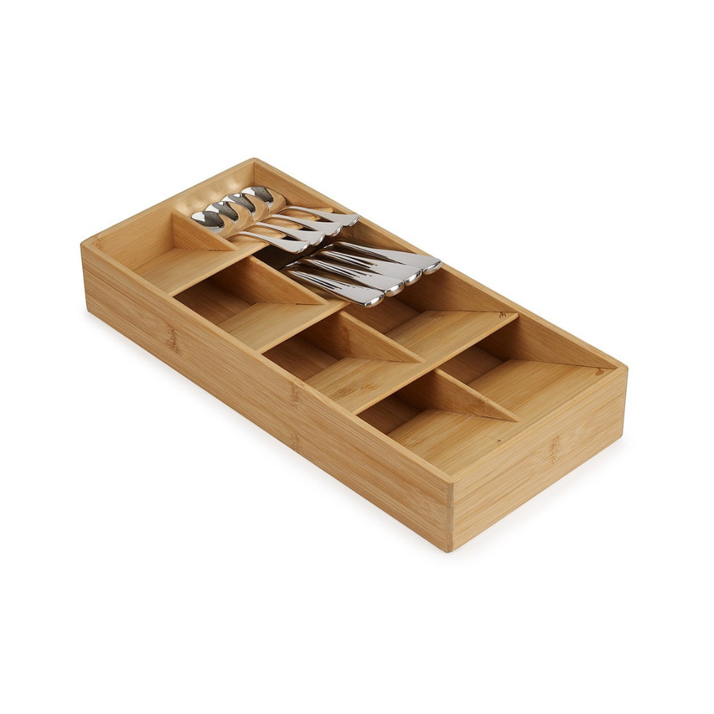 Bamboo Compact Cutlery Organiser for drawer storage, enhancing kitchen organisation with natural bamboo compartments for utensils.