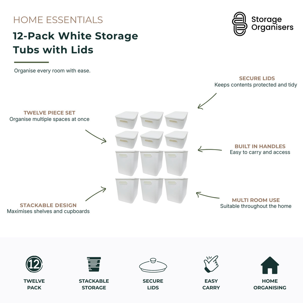12-pack white storage tubs with matching lids for home organisation and storage. Stackable storage container set with built-in handles, ideal for organising pantries, cupboards, bathrooms, wardrobes, laundry rooms, toys, office supplies, and household essentials. Durable multi-purpose storage bins help maximise shelf space while keeping contents protected, tidy, and easy to access throughout the home.