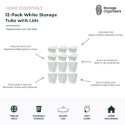 12-pack white storage tubs with matching lids for home organisation and storage. Stackable storage container set with built-in handles, ideal for organising pantries, cupboards, bathrooms, wardrobes, laundry rooms, toys, office supplies, and household essentials. Durable multi-purpose storage bins help maximise shelf space while keeping contents protected, tidy, and easy to access throughout the home.