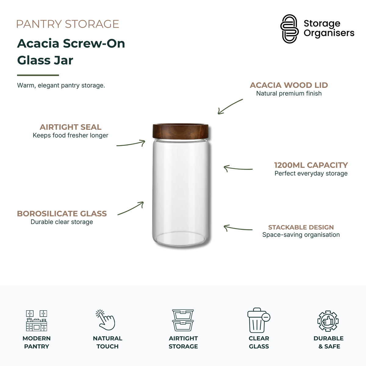 1200ml acacia screw-on glass jar with airtight wooden lid, tall borosilicate pantry storage container for pasta, grains, and kitchen organisation