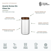 1200ml acacia screw-on glass jar with airtight wooden lid, tall borosilicate pantry storage container for pasta, grains, and kitchen organisation
