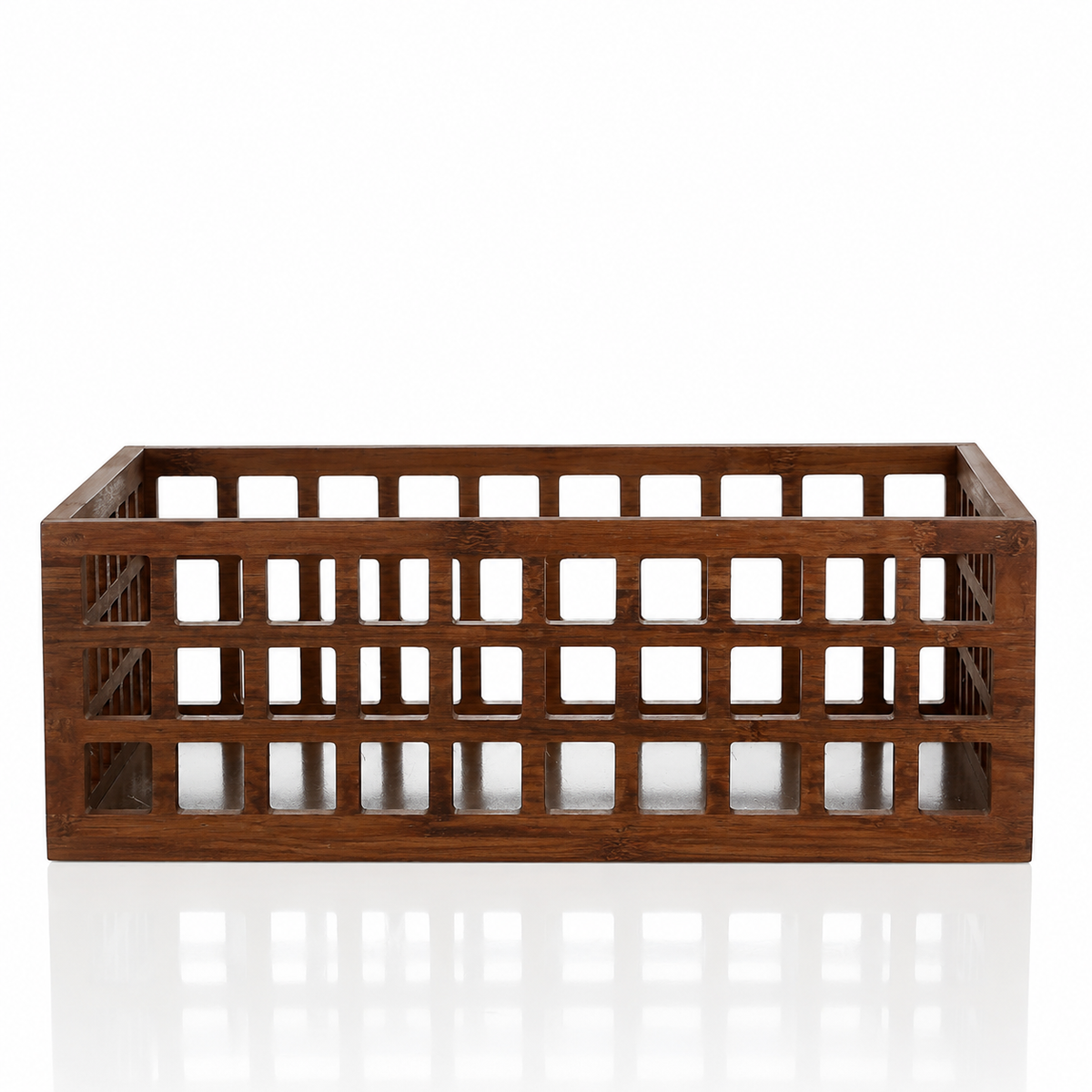 Large perforated storage basket showing openwork timber sides