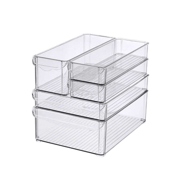 Clear stackable storage tubs for pantry or fridge organization, space-saving kitchen baskets.