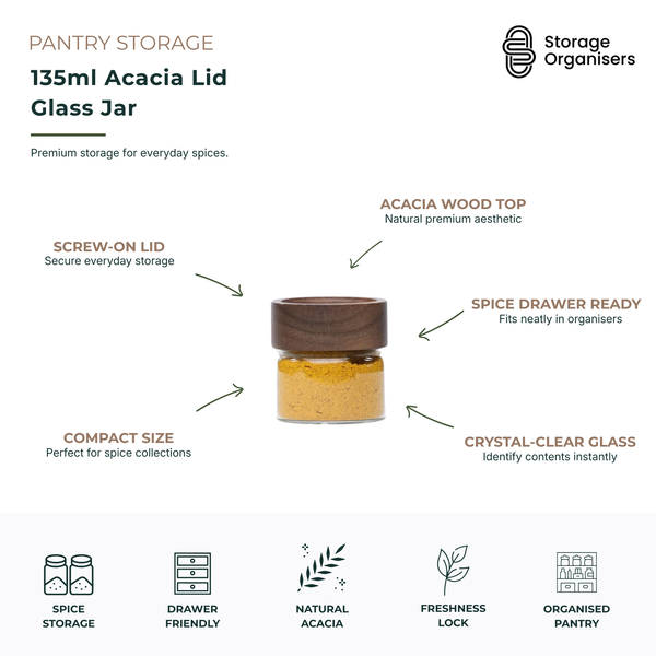 135ml glass spice jar with premium acacia wood screw-on lid, clear glass body, and compact design. Ideal for organising spices, herbs, and seasonings in pantry shelves, spice drawers, and kitchen storage systems.