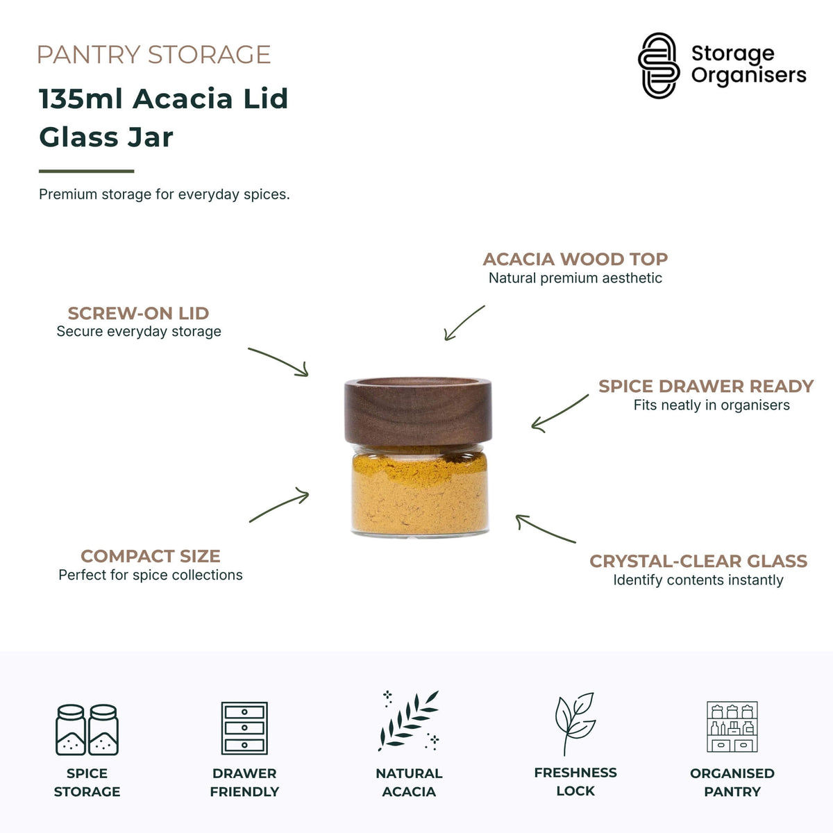 Acacia Screw On Spice Glass Jar - 135ml