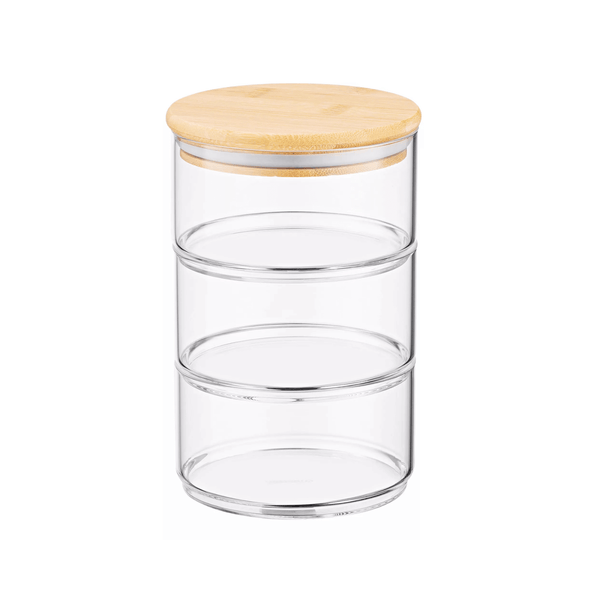 Stackable 450ml round bamboo glass jar for kitchen and pantry storage, ideal for home organisation and stylish space-saving solutions.