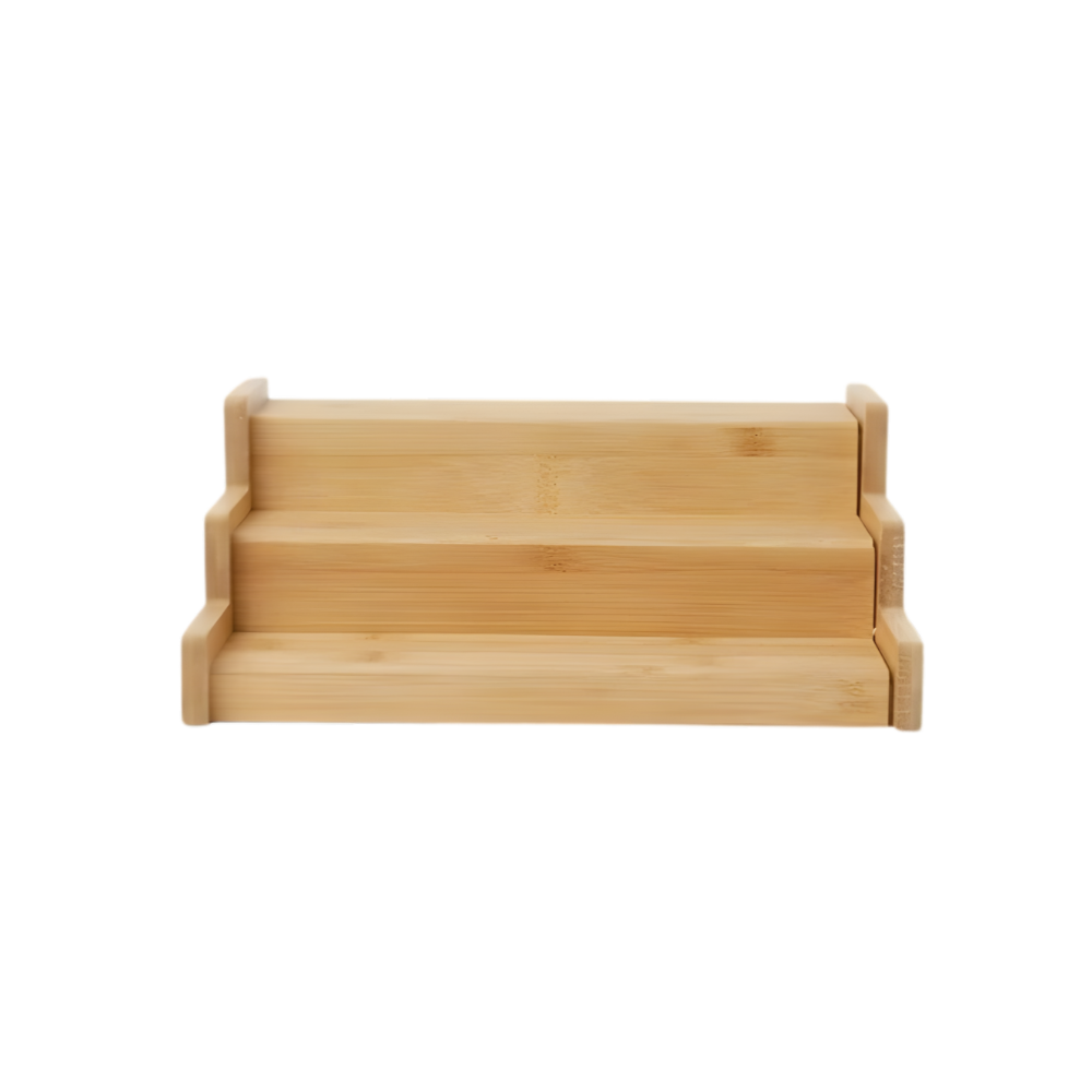 Expandable Bamboo Spice Rack – 3 Tier for kitchen organisation, perfect for organising spices on a pantry shelf or kitchen counter.
