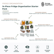 14-piece fridge organisation starter pack featuring a complete set of clear refrigerator storage containers designed to maximise space, improve food visibility and keep ingredients neatly organised. The set includes multiple organiser styles for produce, snacks, eggs, drinks, condiments and everyday fridge essentials, allowing customised storage across different refrigerator zones. Clear containers make contents easy to identify at a glance, helping reduce food waste and streamline meal preparation. Ideal f
