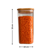 Square Bamboo Glass Pantry Jar Set – 5 Stackable Sizes for kitchen pantry organisation, filled with red lentils.