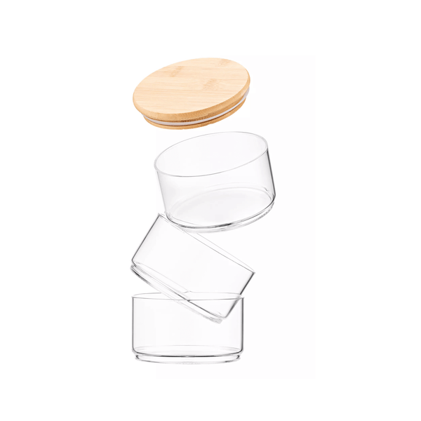 Stackable round bamboo glass jar, 450ml, ideal for kitchen and pantry storage, stylish home organisation, space-saving solution.