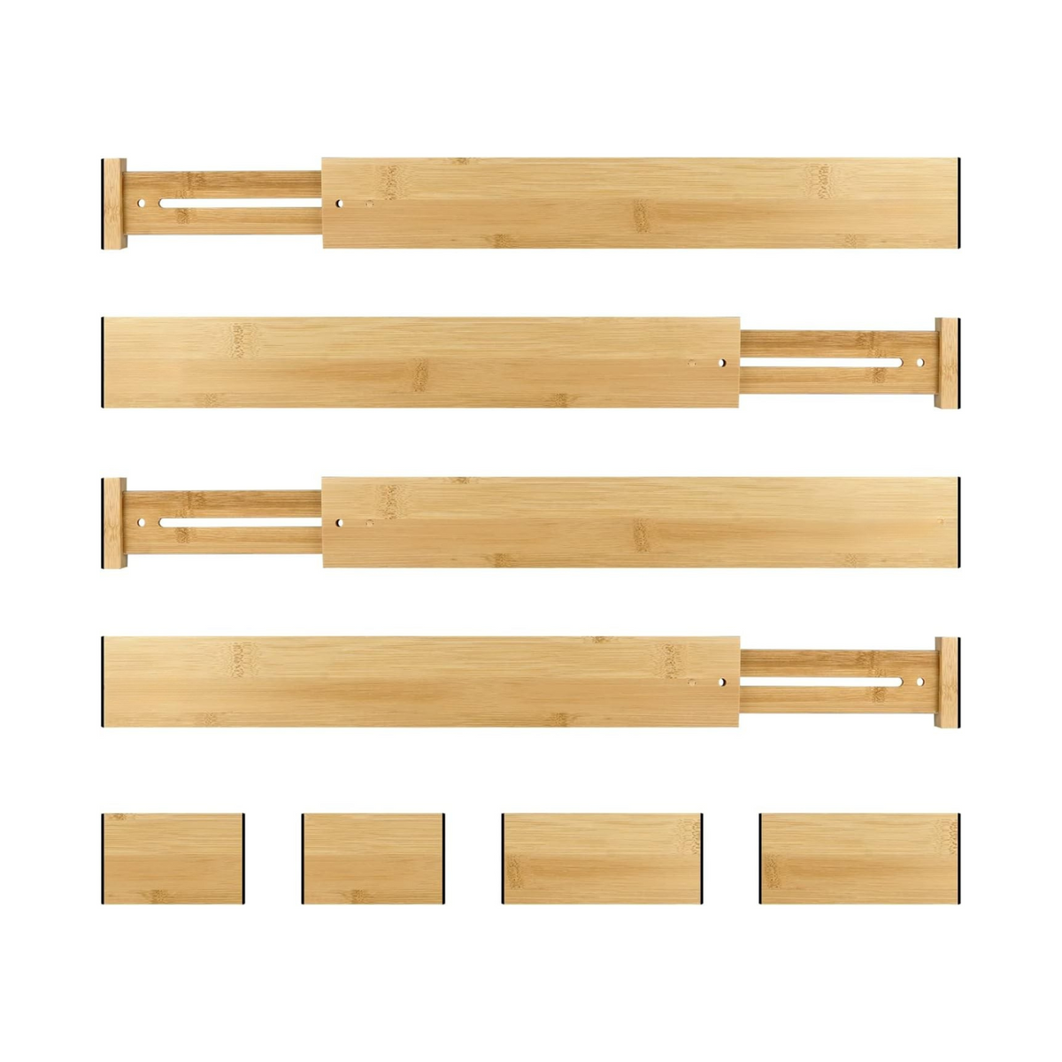 Bamboo Expandable Drawer Dividers – 4 Pack for kitchen drawer organisation and efficient storage solutions.