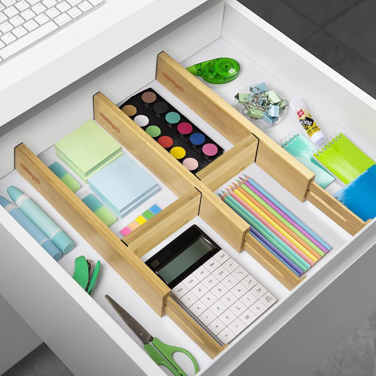 Bamboo Expandable Drawer Dividers – 4 Pack used as drawer organisers for efficient office storage. Ideal for kitchen and pantry organisation.