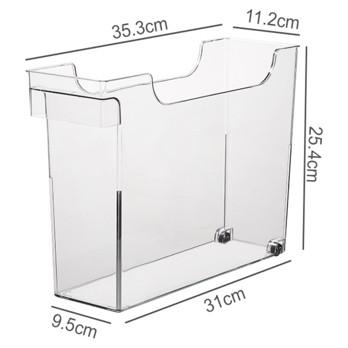 Clear Pull-Out Organiser – Narrow for efficient kitchen or pantry storage, perfect for under sink or drawer use, with dimensions.